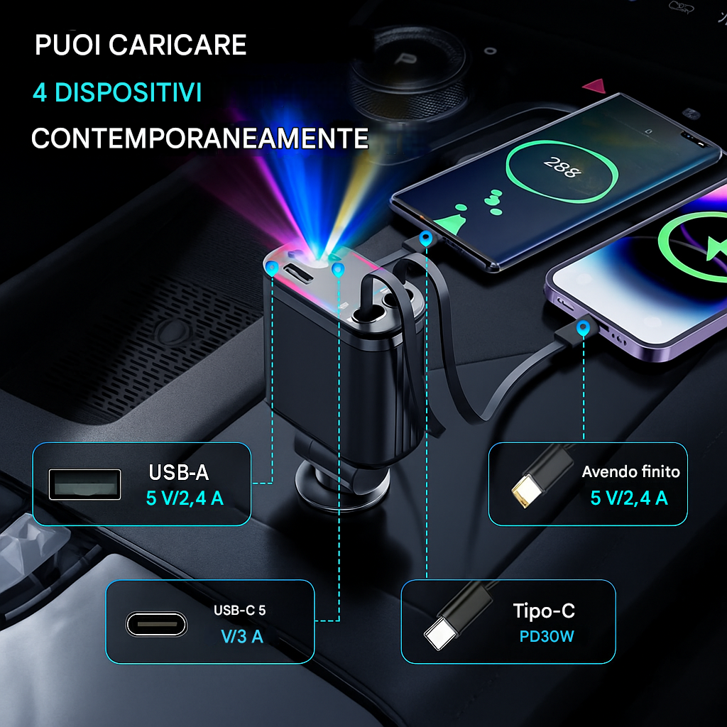 Caricabatterie rapido per auto 5 in 1